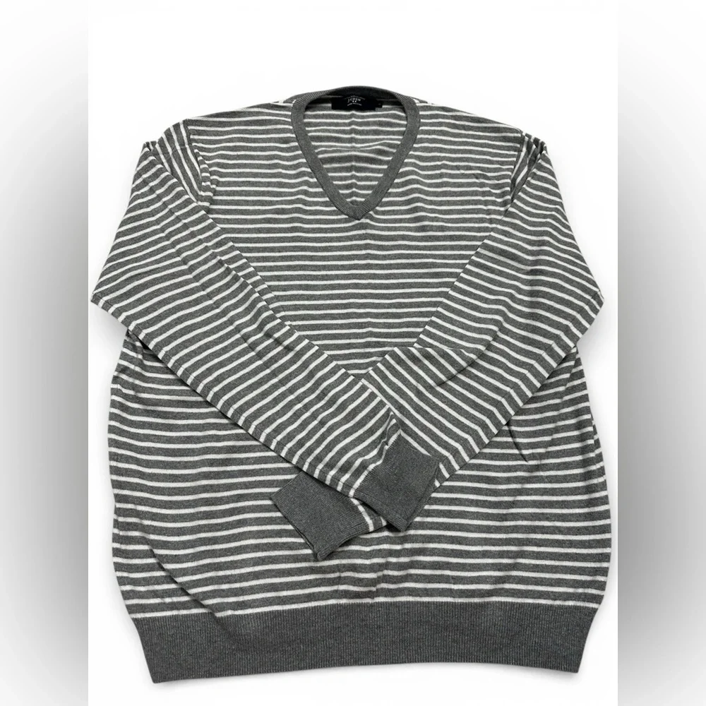 J. Crew Gray and White Striped V-Neck Sweater